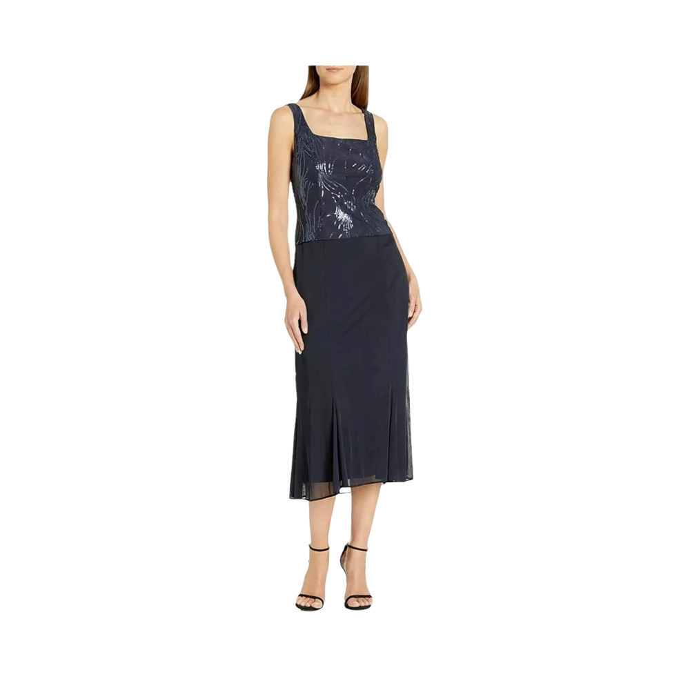 New Alex Evenings Navy Blue Sequin Mock Two-Piece Dress With Jacket Size 6P